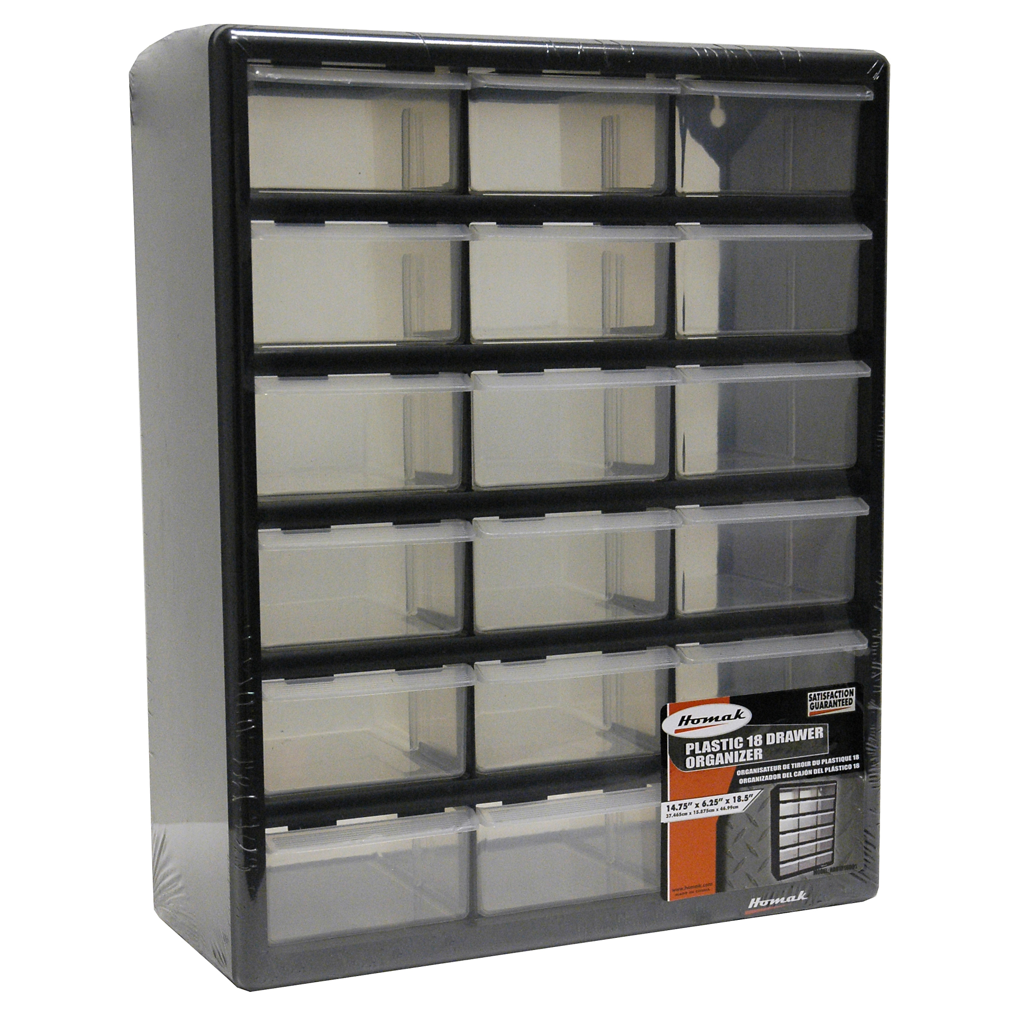 Homak 18-Drawer Parts Organizer, 6.25in.L x 14.75in.W x 18.5in.H, Model# HA01018001
